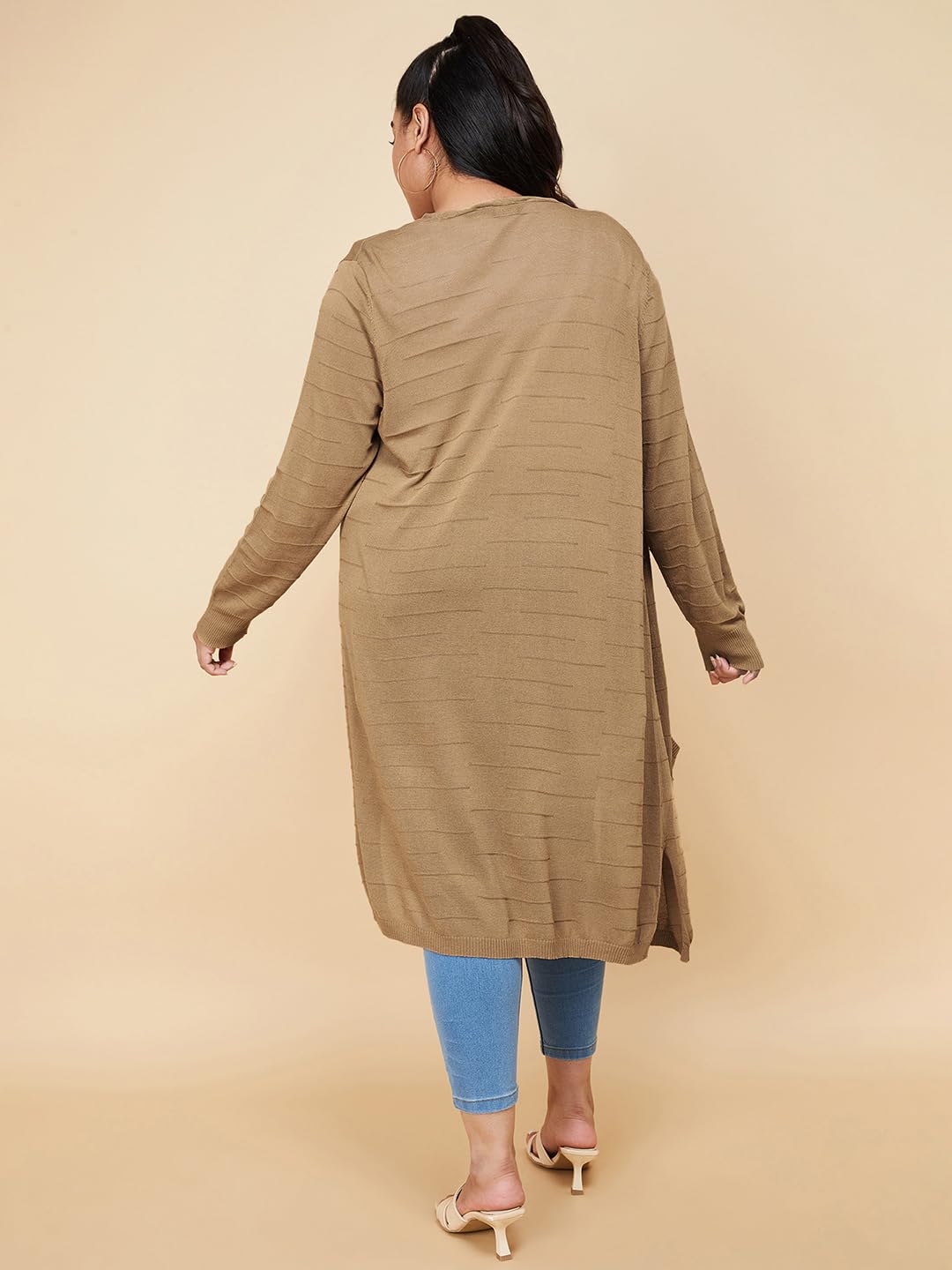 Max Women Plus Size Solid Open-Front Longline Shrug (SHRUG3201P_Beige)