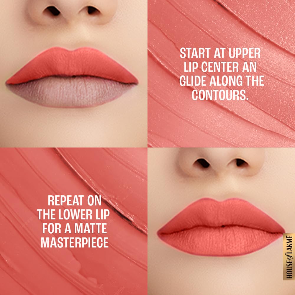 LAKMÉ Powerplay Priming Matte Lipstick, Smooth Matte Finish, Lightweight Lipstick, Smudgeproof, Lasts 16hrs, Hydrates Lips, Coral Date, 3.6g