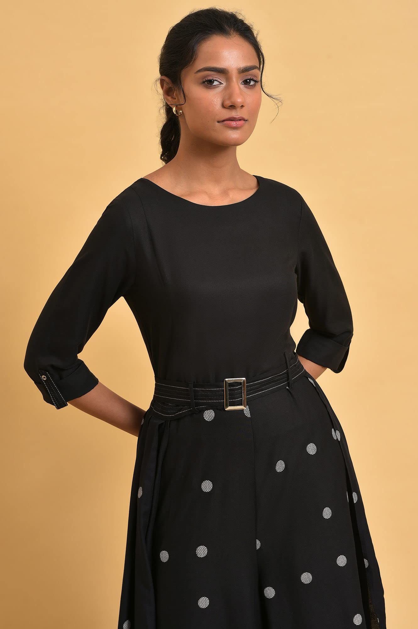 W for Woman Black Polka Dot Jumpsuit with Belt (Size: XS)-23FEW18702-120119