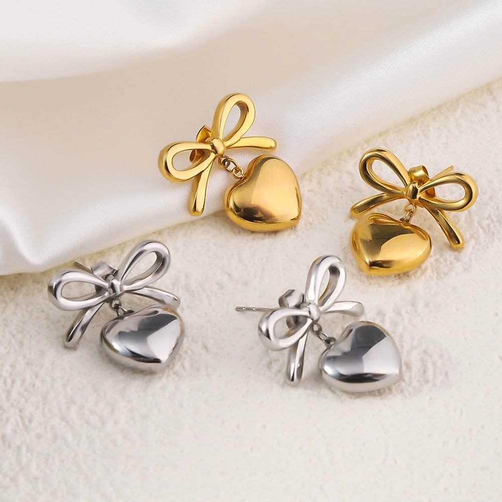 Aaishwarya 18K Silver Plated, Waterproof, Anti-Tarnish, Stainless Steel, Bow and Heart Drop Stud Earrings | Gift for Women and Girls