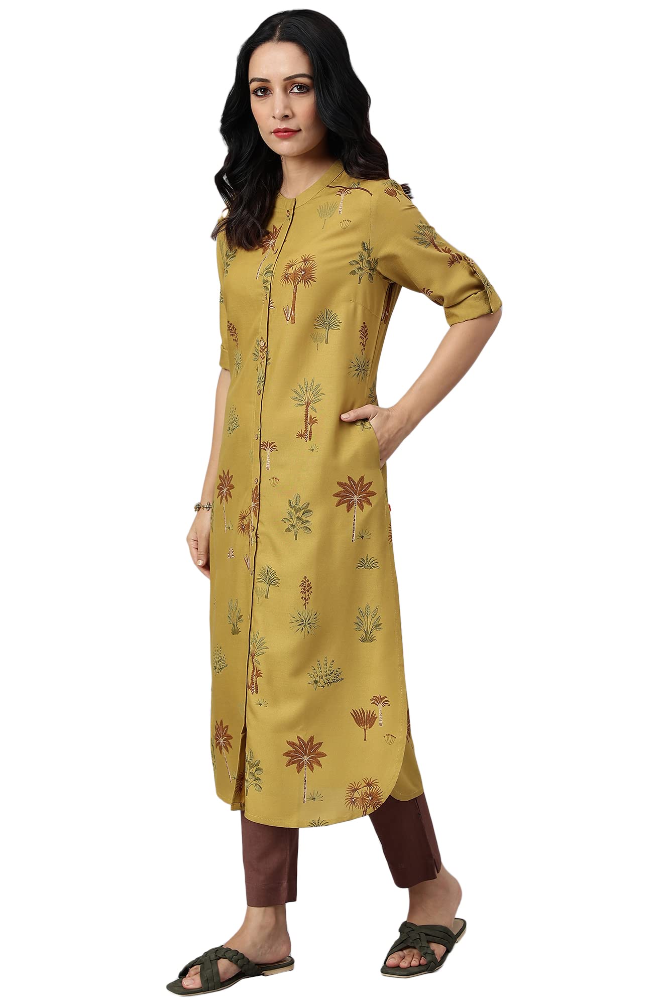 W for Woman Mustard Rayon Printed Button Down Kurta