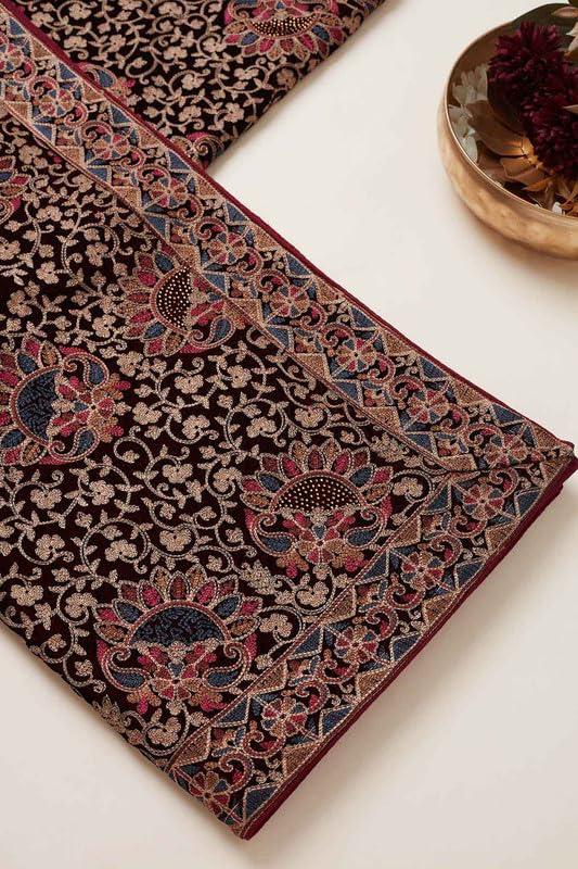 Soch Womens Maroon Velvet Embroidered Dupatta With Thread Work