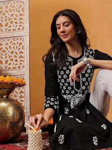 Ada Hand Embroidered Lucknowi Chikankari Cotton Kurta Kurti for Women A411750 Black (XL)