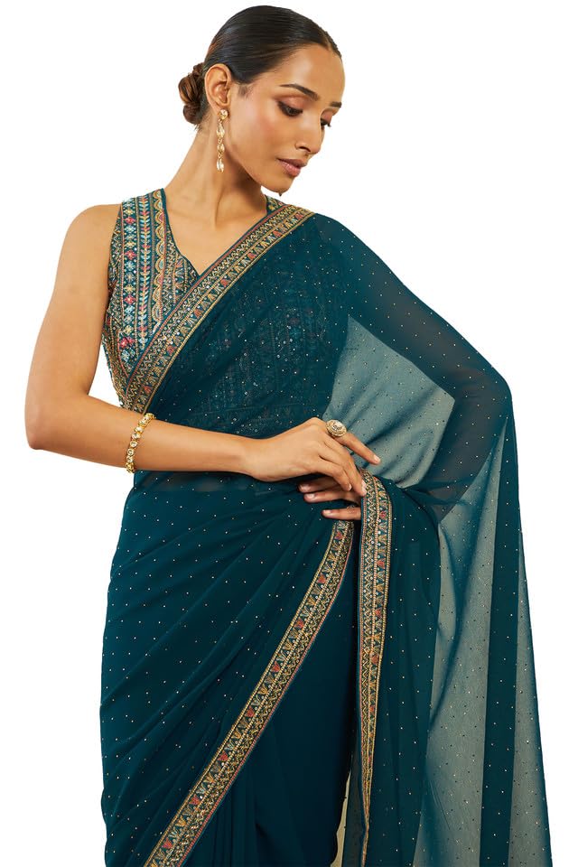 Soch Womens Turquoise Blue Georgette Saree With Stones And Embroidery