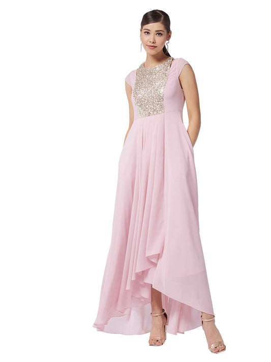 Miss Chase Women's Dusty Pink Round Neck Cap Sleeve Solid Embellished Maxi Dress(MCAW21D06-12-234-04,Dusty Pink,M)