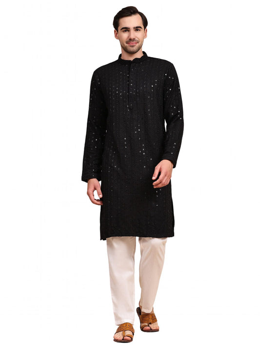 SKAVIJ Men's Viscose Rayon Embroidered Kurta Pajama Set Sequined Woven Design Festive Party Dress (KP137black_Black_XL)