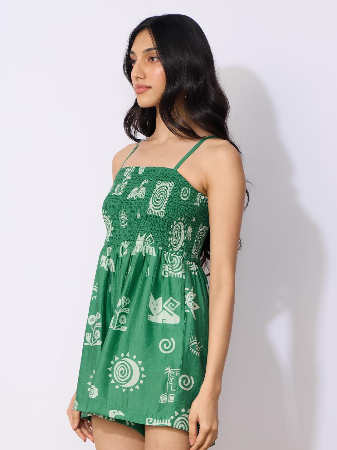 The Souled Store Nature Women and Girls Square Neck Sleeveless Green Printed Regular Fit Viscose Blend Mini Playsuits