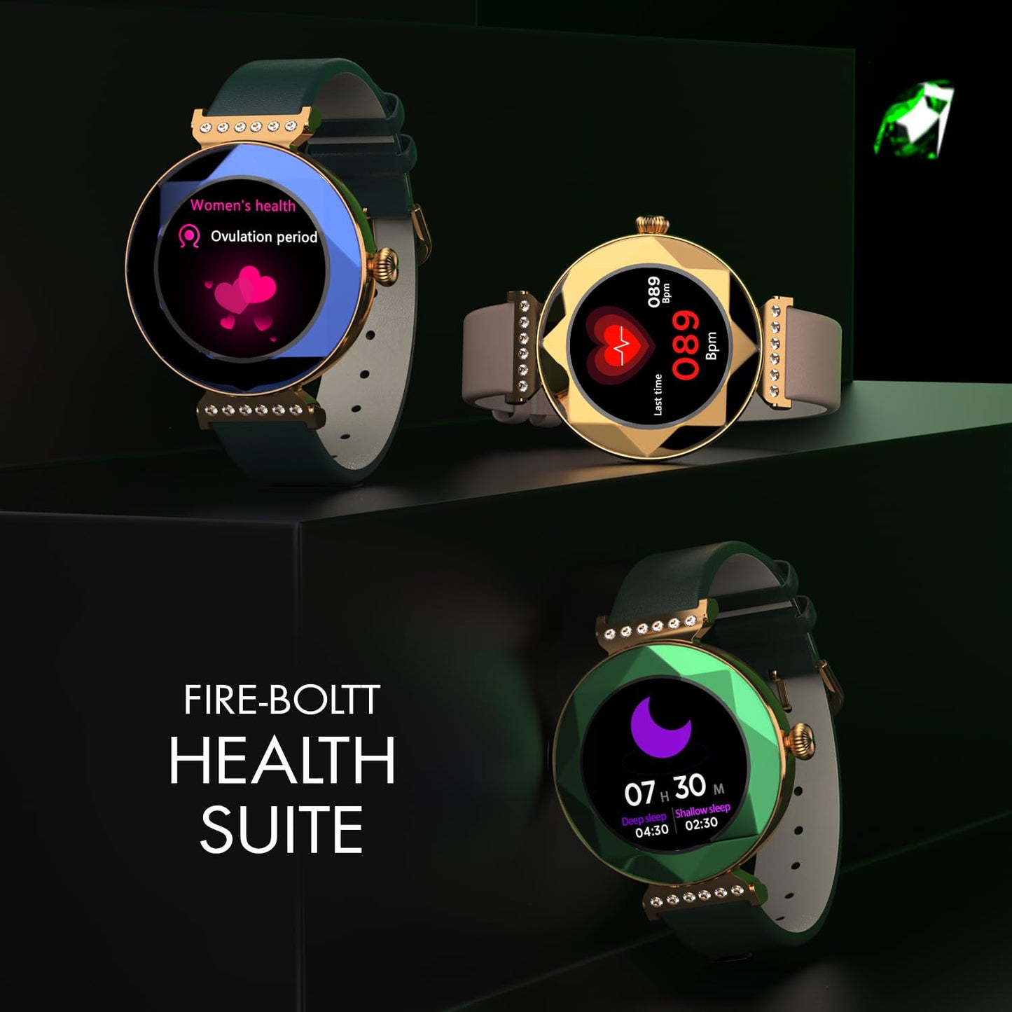 Fire-Boltt Emerald Gemstone-Studded Diamond Cut Smart Watch with 1.09” HD Display, Multiple Sports Modes, Health Suite, Wireless Charging, IP68 with Additional Stainless Steel Strap (Green)