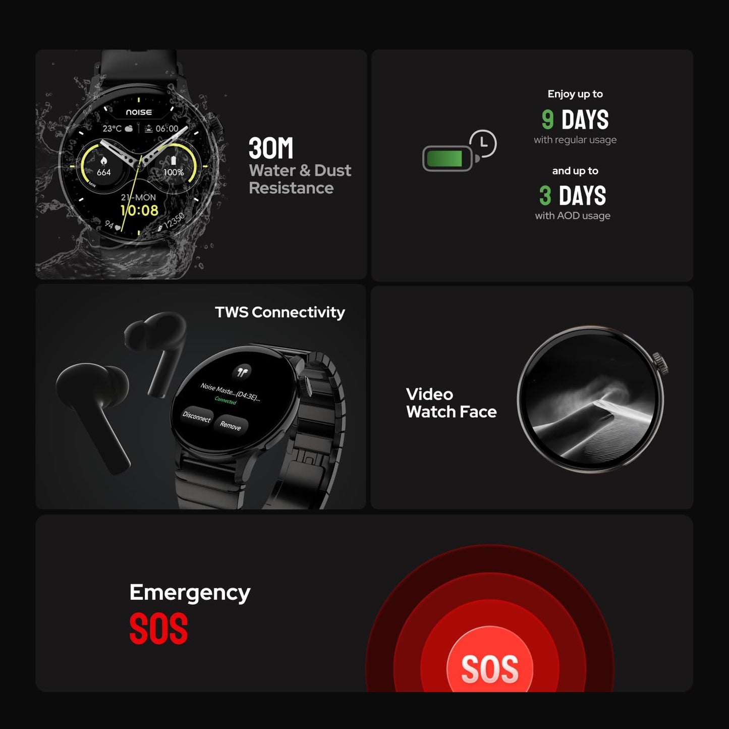 Noise Pro 6R 1.46" AMOLED Smart Watch, 1000 NITS, Powered by AI Pro, Built-in GPS, Strava Integration, Stainless Steel Dial, Video Watch Faces, 3ATM, Emergency SOS, TWS Connectivity-Jet Black