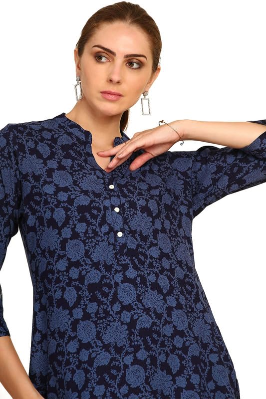 Soch Womens Navy Blue Floral Printed Mandarin Collar Rayon Tunic