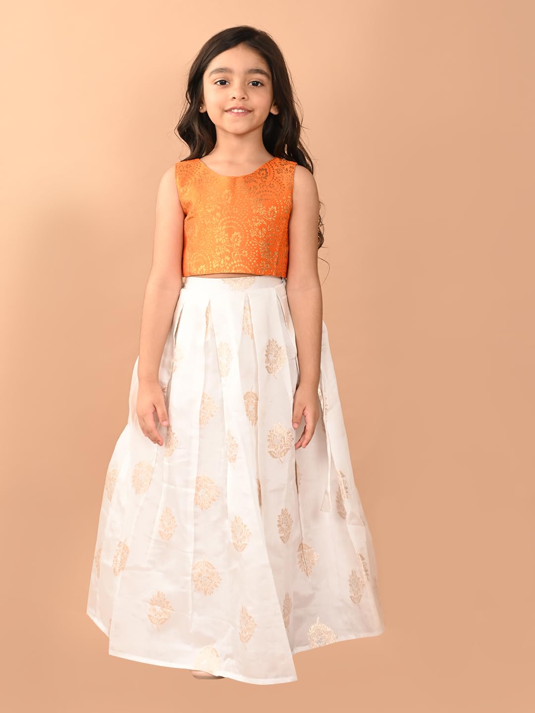 LILPICKS Embossed Sleeveless Blouse with Batik Printed Lehenga Set for Girls (Orange White) (5-6Y)