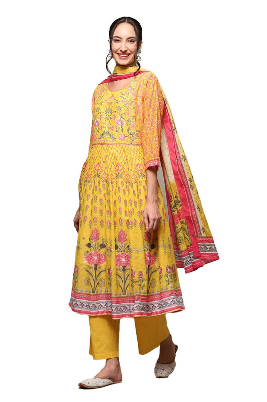 BIBA WOMEN PRINTED ANARKALI SALWAR KURTA DUPATTA(SKDASSORTED8946_YELLOW_36)