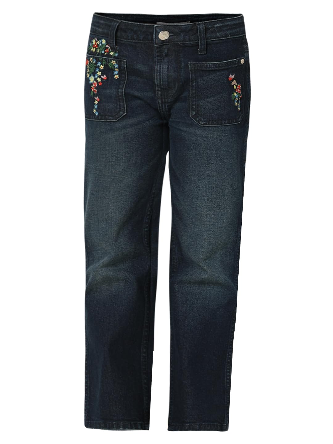 VERO MODA Girls Embroidery Cotton Blend Bootcut Mid Rise Dark Blue Jeans