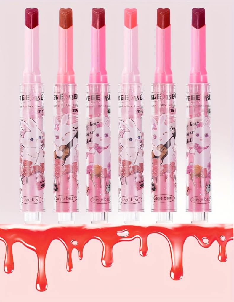 Gege Bear Heart-Shaped Glossy Lipstick Set – 3 Vibrant Shades for Hydrated, Glossy Lips | Click-to-Dispense, Travel-Friendly Design (Set B - #4,#5,#6, Pack of 3)