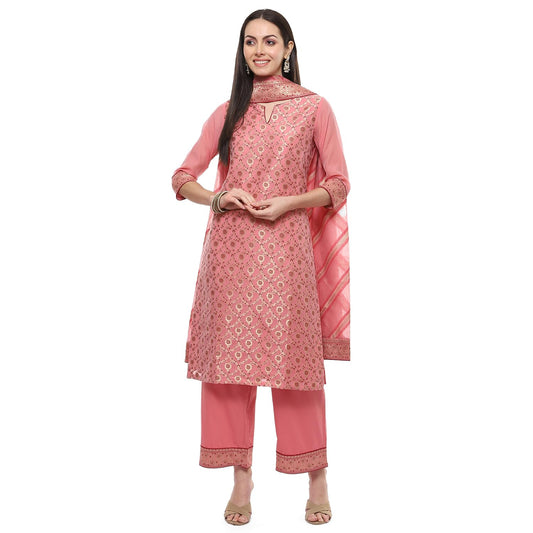 Biba WOMEN YARNDYED STRAIGHT SALWAR KURTA DUPATTA(SKDBANARASI8851_BLUSH PINK_38)