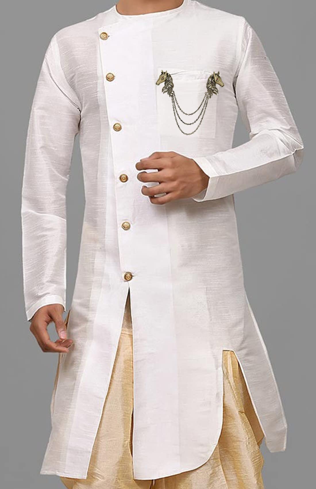 Mahi Antique Gold Plated Dual Horse Shaped Tassel Chain Sherwani Brooch for Men (BP1101098G)