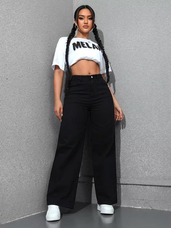 London Hills Women’s High Rise Wide Leg Jeans | Relaxed Fit Baggy Denim Pants | Stylish Straight Fit Comfortable Casual Wear Jeans for Women (Black)