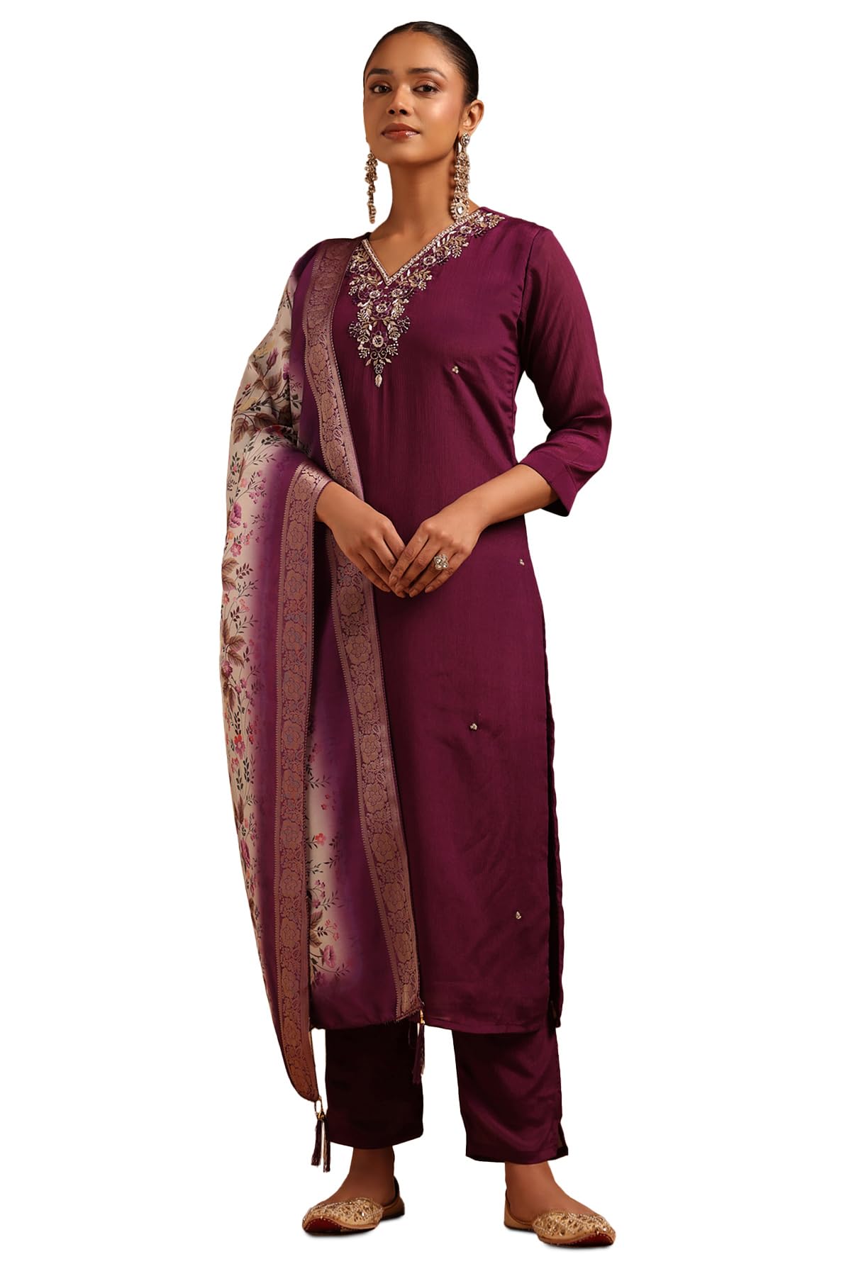 Soch Womens Purple Chinon Floral Salwar Suit With Beads And Stones