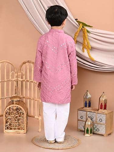 superminis Boy's Rayon Kurta with Mirror Embroidery and Pyjama with Elastic Closure (8-9 Years, Pink)