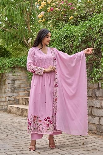 AVYUKTHA | Women Floral Embroidered Tiered Kurta with Palazzos & Dupatta | Thread Work Ethnic Set for Festive, Casual & Party Pink, Size- M