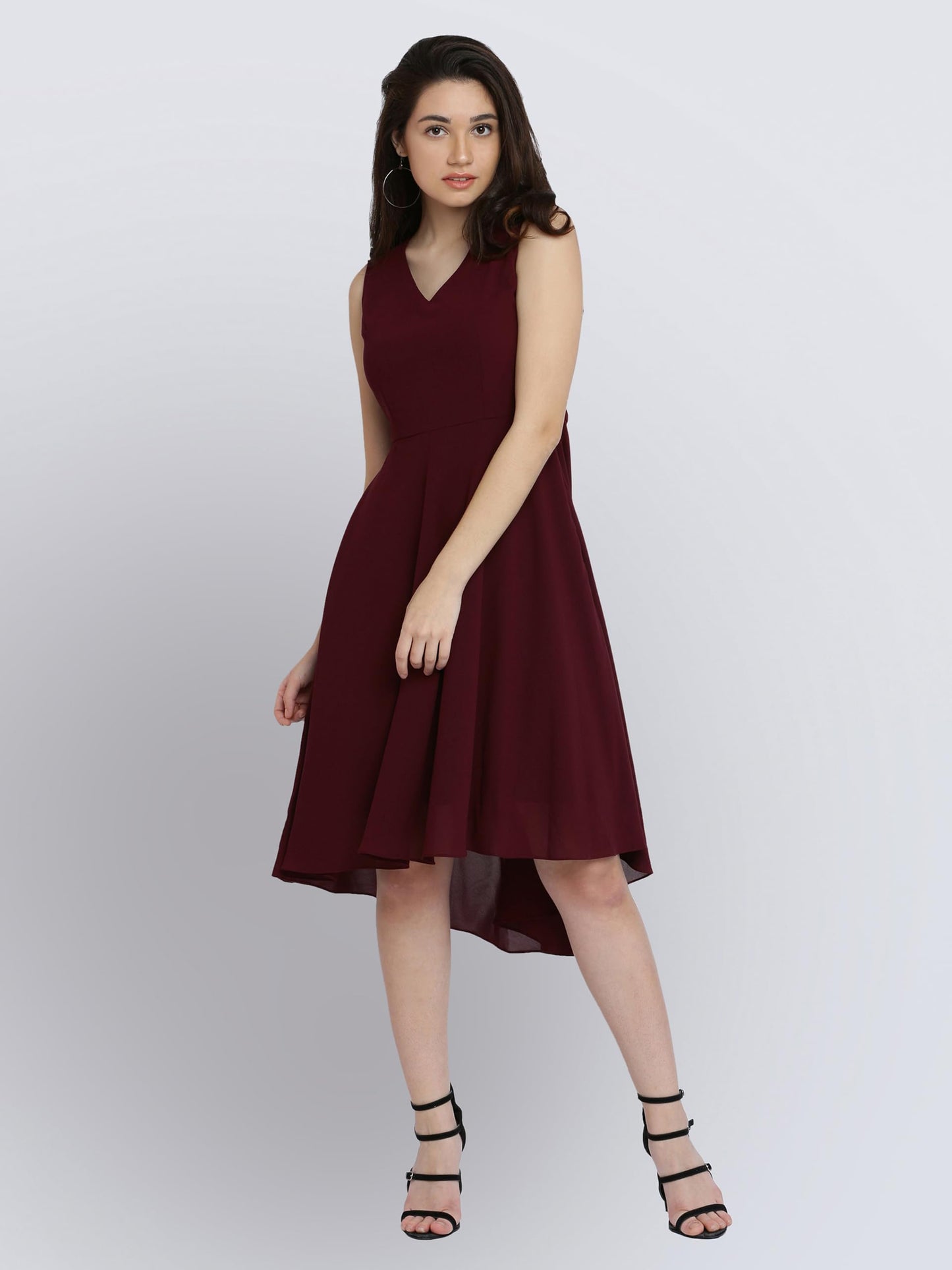 Miss Chase Women's Wine Red High-Low Midi Skater Dress(MCAW17D10-34-56-06_Wine Red_X-Large)