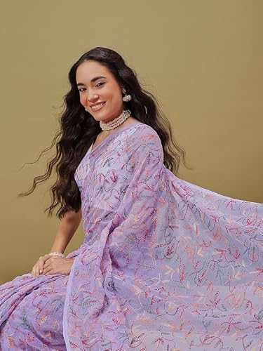 Ada Hand Embroidered Lucknowi Chikankari Georgette Saree for Women with Unstitched Blouse Piece A311384 Lavender