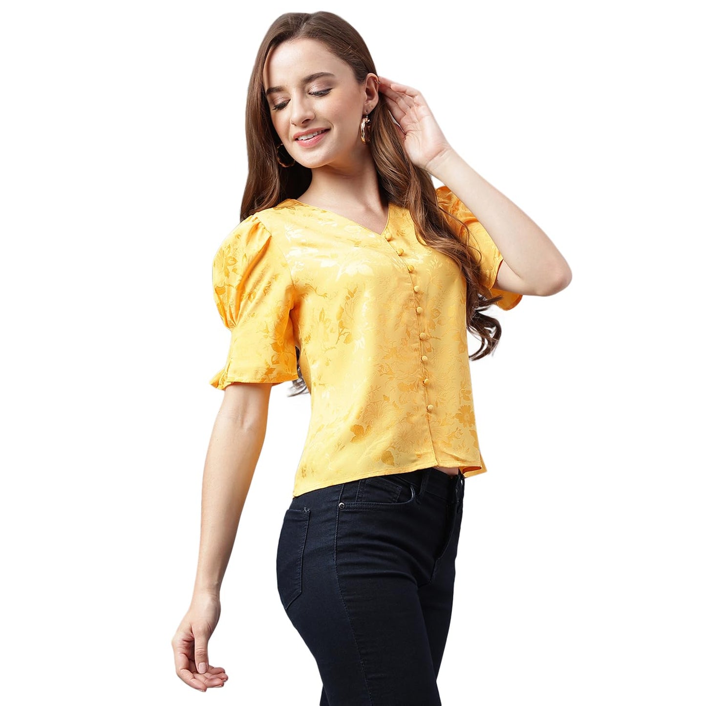 Latin Quarters Casual Puff Sleeves Women V-Neck Yellow Top_S