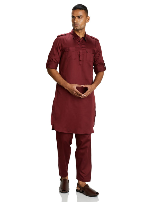 Amazon Brand - Symbol Men's Cotton Solid Kurta Sets (SYMETHSET-7_Burgundy L)