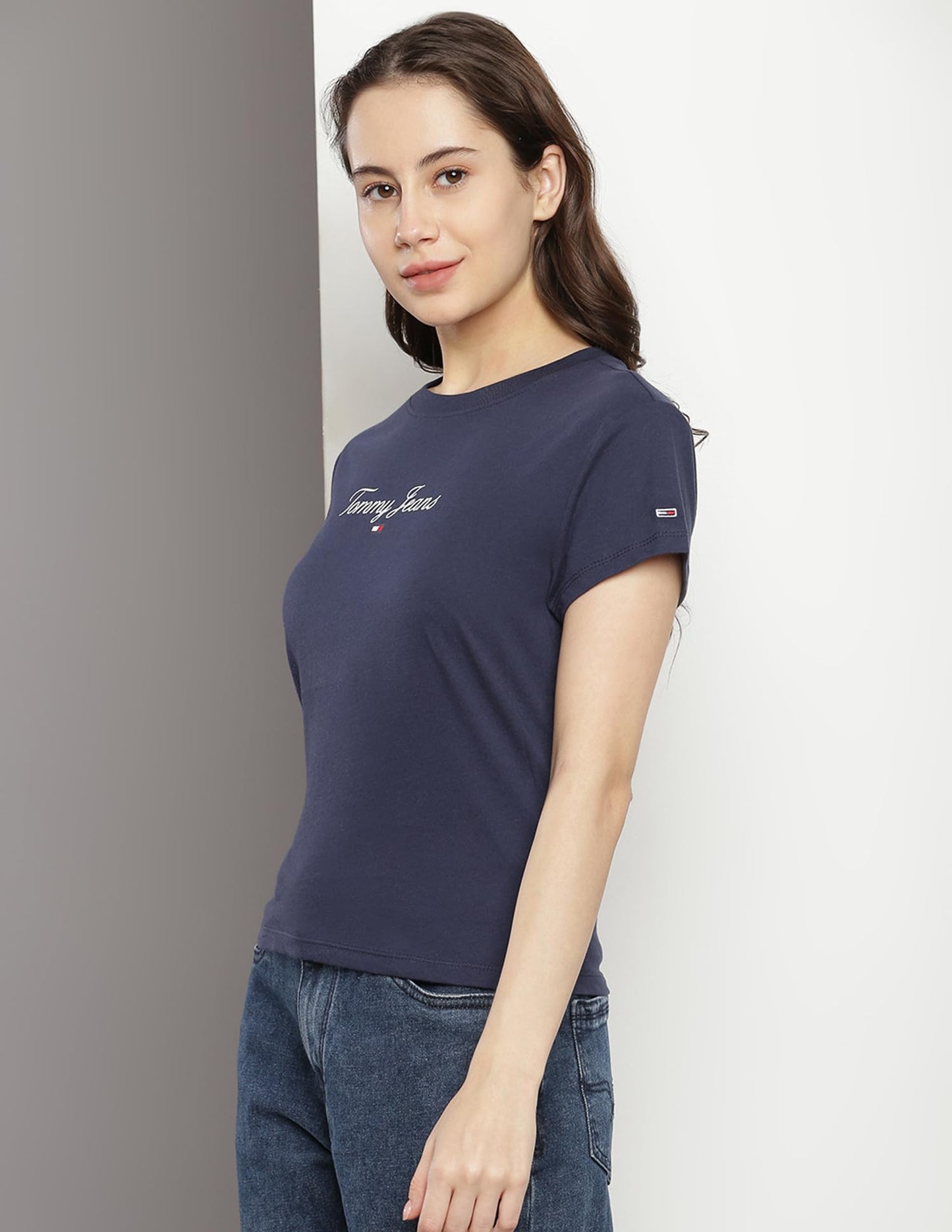 Tommy Hilfiger Blue Cotton Printed Round Neck Short Sleeves Slim Fit Women T-Shirt (F23JWKT056) Size-XXS