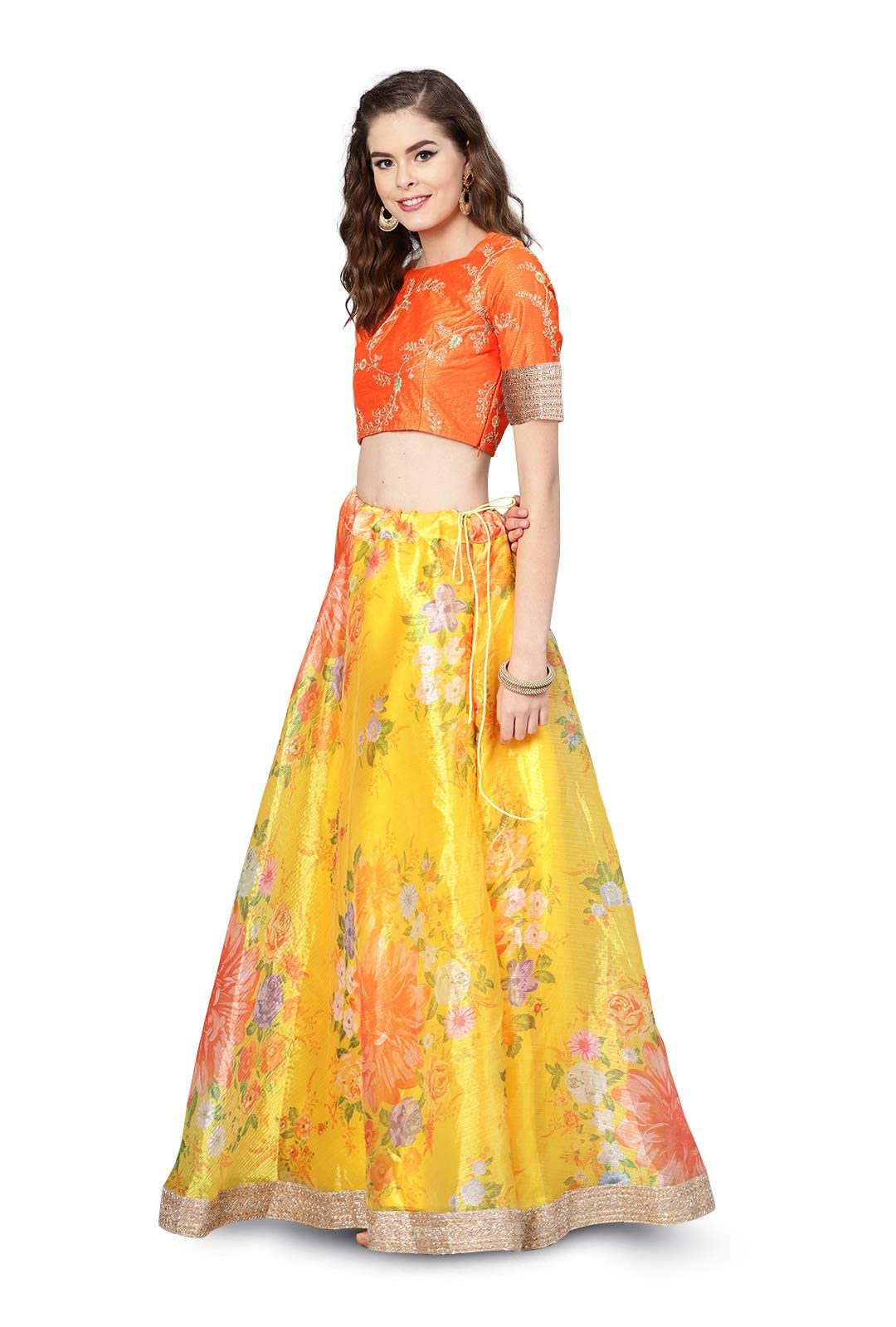 Zeel Clothing Women's Organza Embroidered Fabric Floral Embroidered Semi Stitched Lehenga Choli With Dupatta 7026-New-Yellow-Bridal-Wedding-Lehangafree Size, Customizable Length