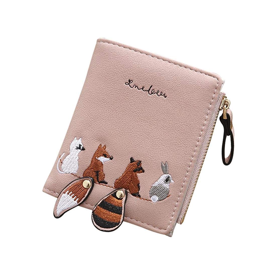 PALAY® Wallets for Women Stylish PU Leather Coins Zipper Pocket Cute Mini Animals Embroidery Short Wallet Card Holder Billfold Purse Wallet Gift for Girls (Pink)
