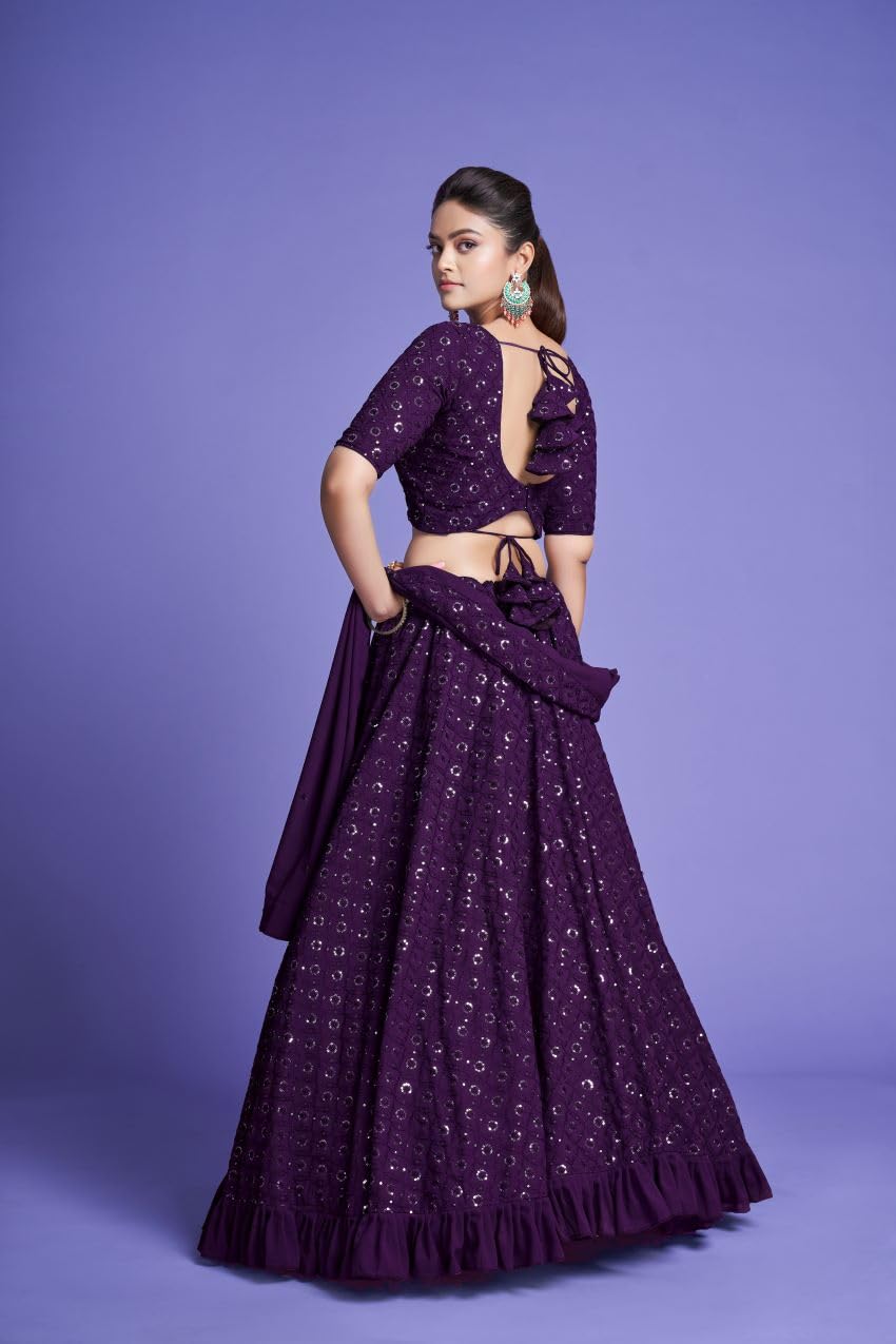 Fashion Basket Georgette Embroidery Work Lehenga Set for Women. (Purple)