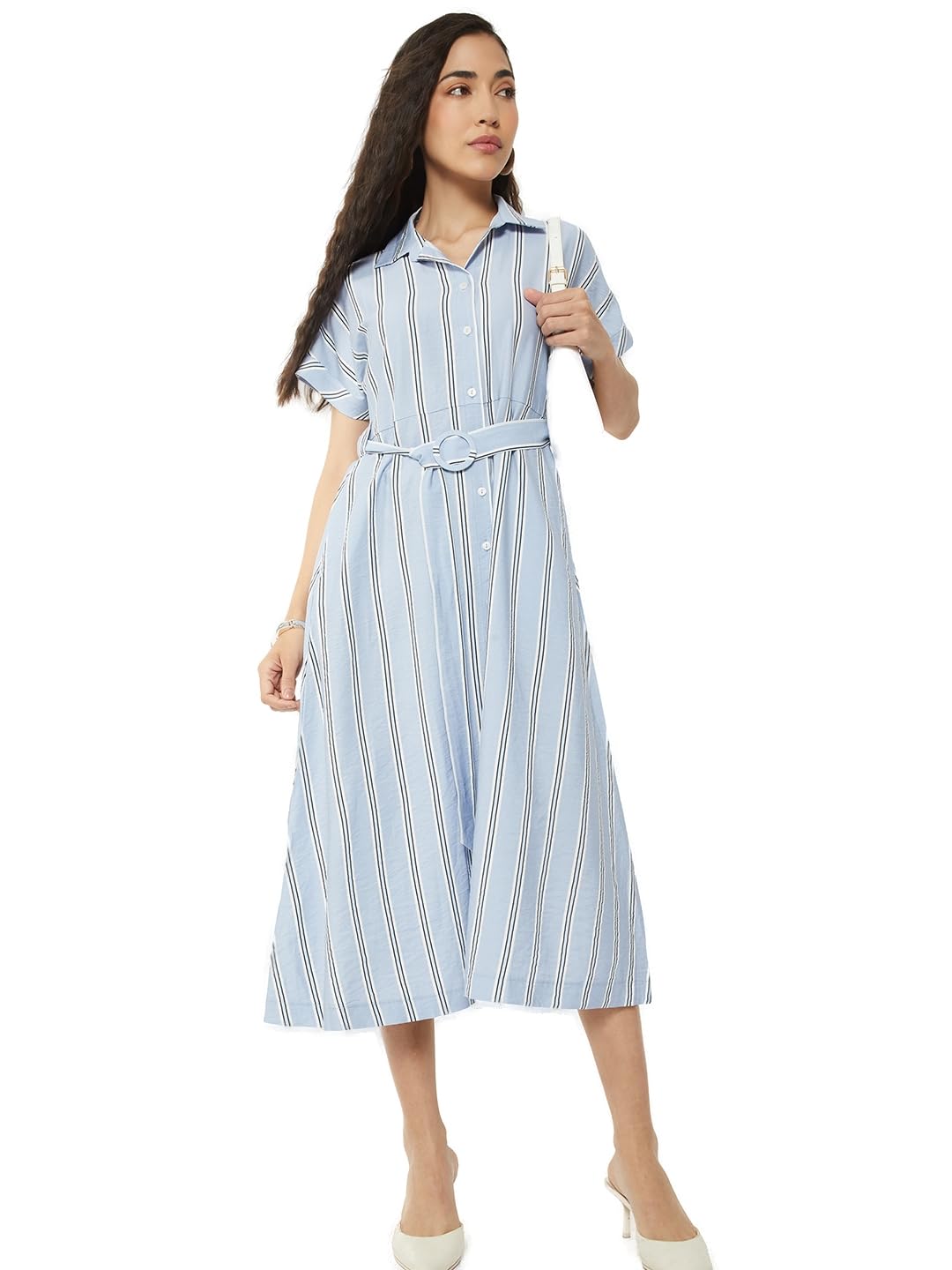 Max Women Striped Shirt Dress (Blue_XL)