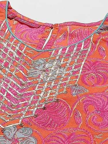 BIBA Girl Cotton Printed Relaxed Kid(Kw4783_Orange_5), Straight Kurta Garara Suit Set
