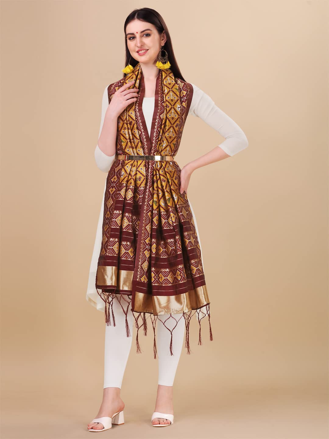 DEVANGI Women's Floral Silk Blend Dupatta (OM-DT-08-MUSTARD-A_Mustard Shade_Free Size)