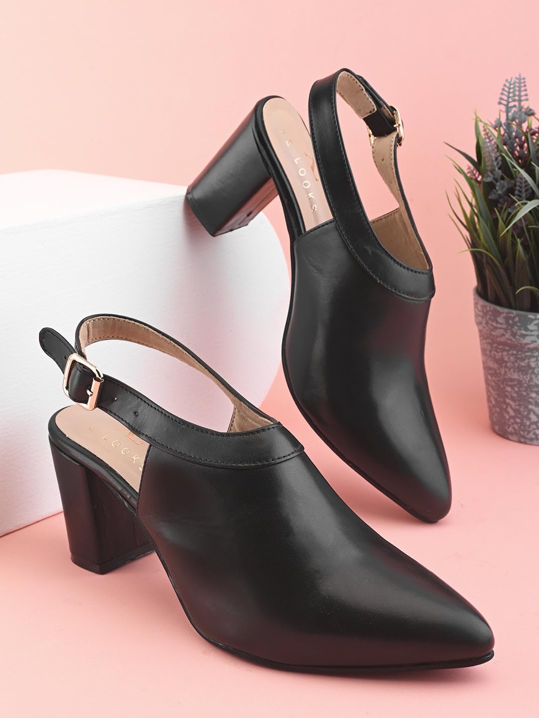 XE Looks Black Slingback Heels | Pointed-Toe Design | Adjustable Strap |Comfortable & Trendy Cushioned Footbed Heels for Girl & Women