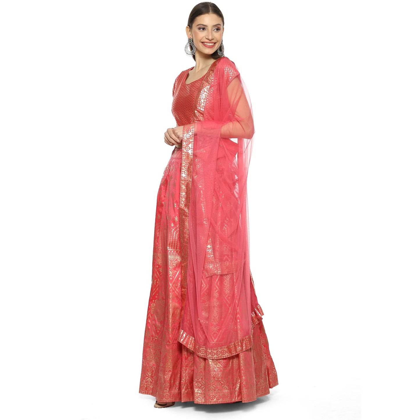 BIBA Women's Coral Pink Cotton Blend Readymade Lehenga Choli Set Medium