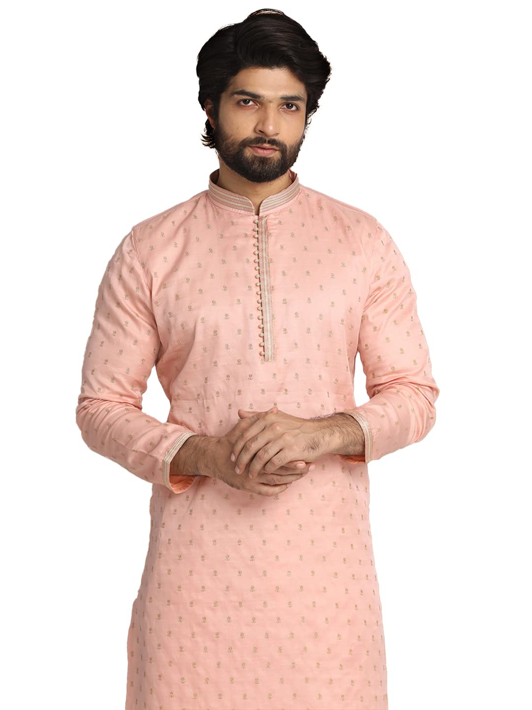 Manyavar Men's Kurta Set, Chanderi Silk Mandarin Collar Full Sleeve Kurte Set for Men Gajari (Medium)
