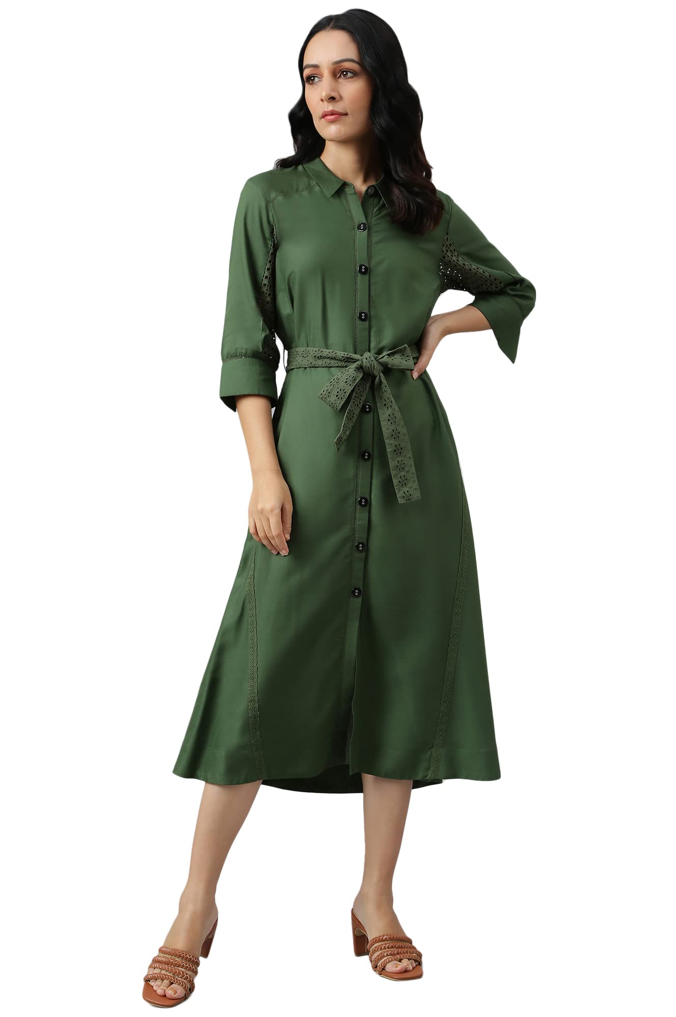 W for Woman Women's Viscose Green A-line Embroidered Shirt Dress with Schiffli Belt Calf Length 22AUW17842-217272_Dark