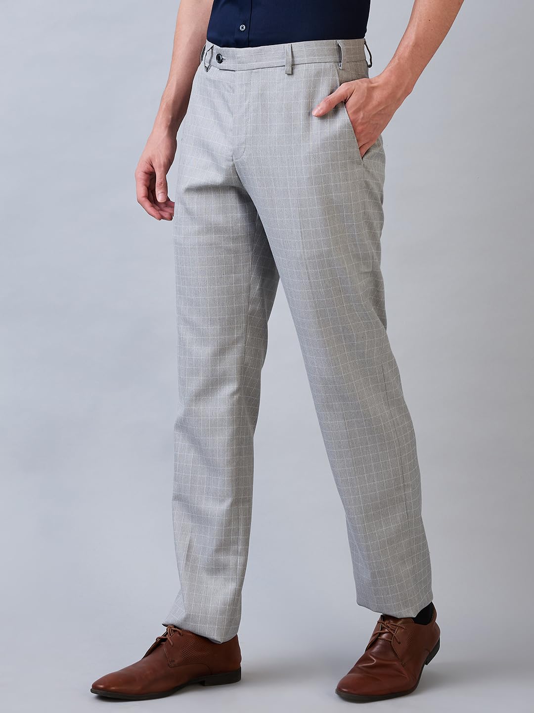 Park Avenue Men's Regular Fit Formal Trousers, Poly Viscose Blend, Checked Pattern, Mid Rise | Medium Grey