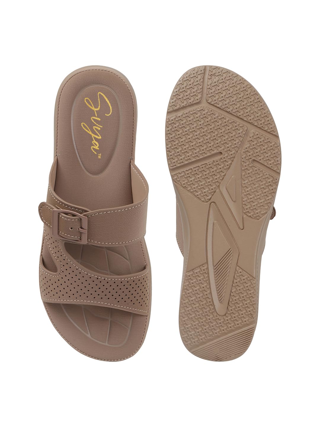 Women Slide Sandals with Perforated Upper and Buckle Detail for All-Day Comfort (Chiku, UK Footwear Size System, Adult, Women, Numeric, Medium, 4)