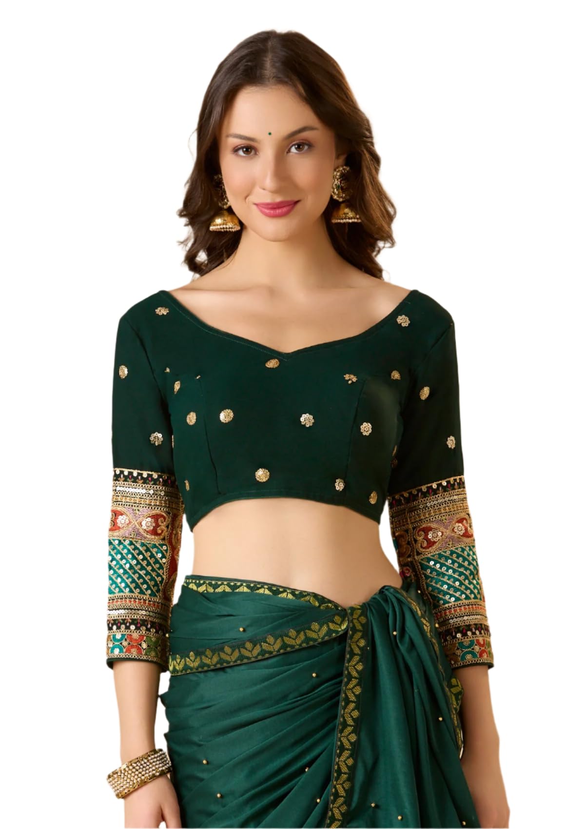 S SALWAR STUDIO Bottle Green Georgette Sweetheart Neck Full Sleeve Readymade Blouse