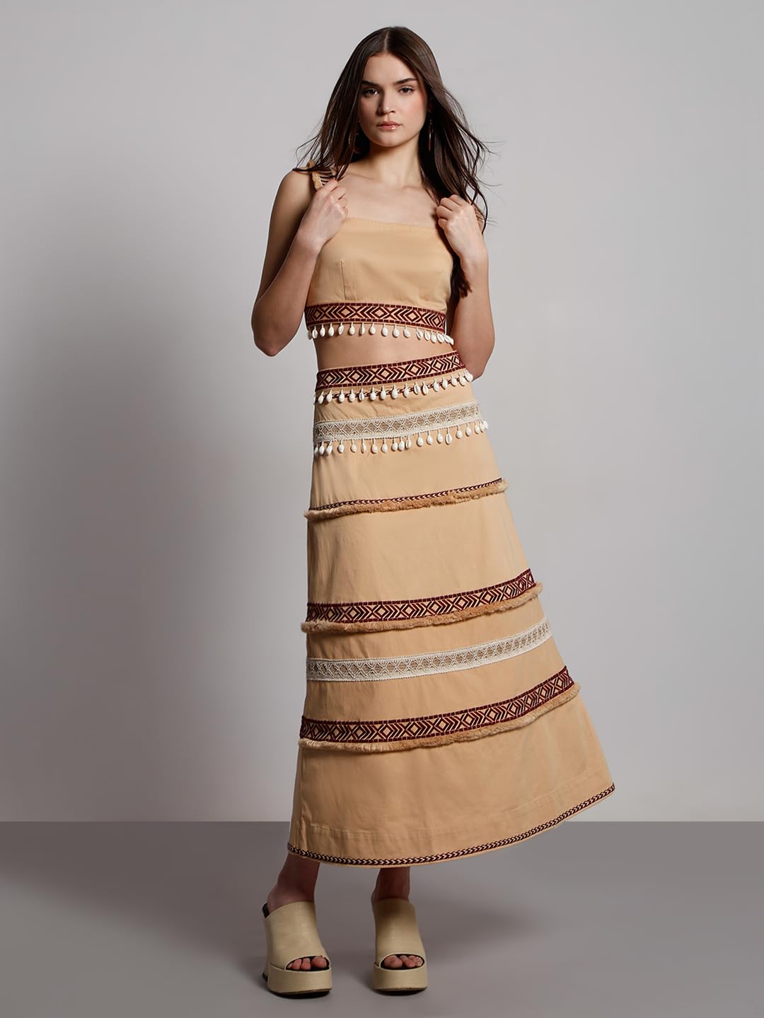 VERO MODA Women's Flared High Rise Beige Skirt