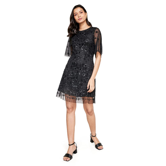 AND Women's Polyester Fit Flare Short Length Dress (FW22AP011DRVN_Black_L)