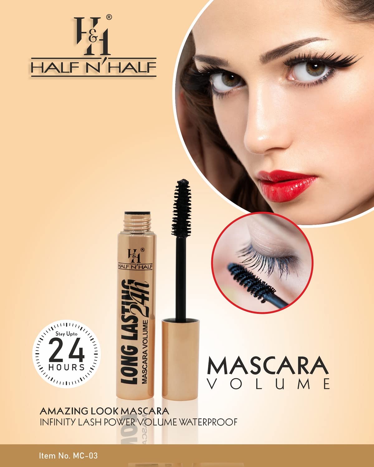 Half N Half 24H Long Lasting Super Waterproof Mascara with Defined Volume without Clump which gives Lashes Intense volume | Suitable for Sensitive Eyes | Soft Fiber Brush | Black | 11ml