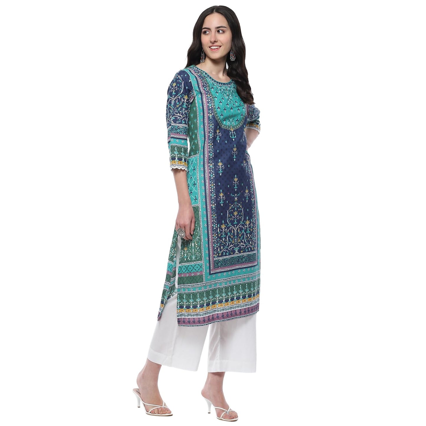 BIBA Cotton Women Printed Straight Fit Kurta Mix and Match(Assorted20018_Teal_34)