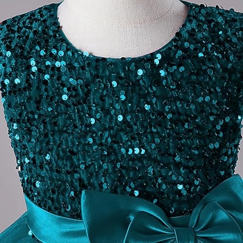 KIYOL Girls Dress with Sequin Bodice & Satin Bow | Round Neck Layered Tulle Frock for Birthday, Wedding & Special Occasions (Kingfisher-Blue-6-7 Y)