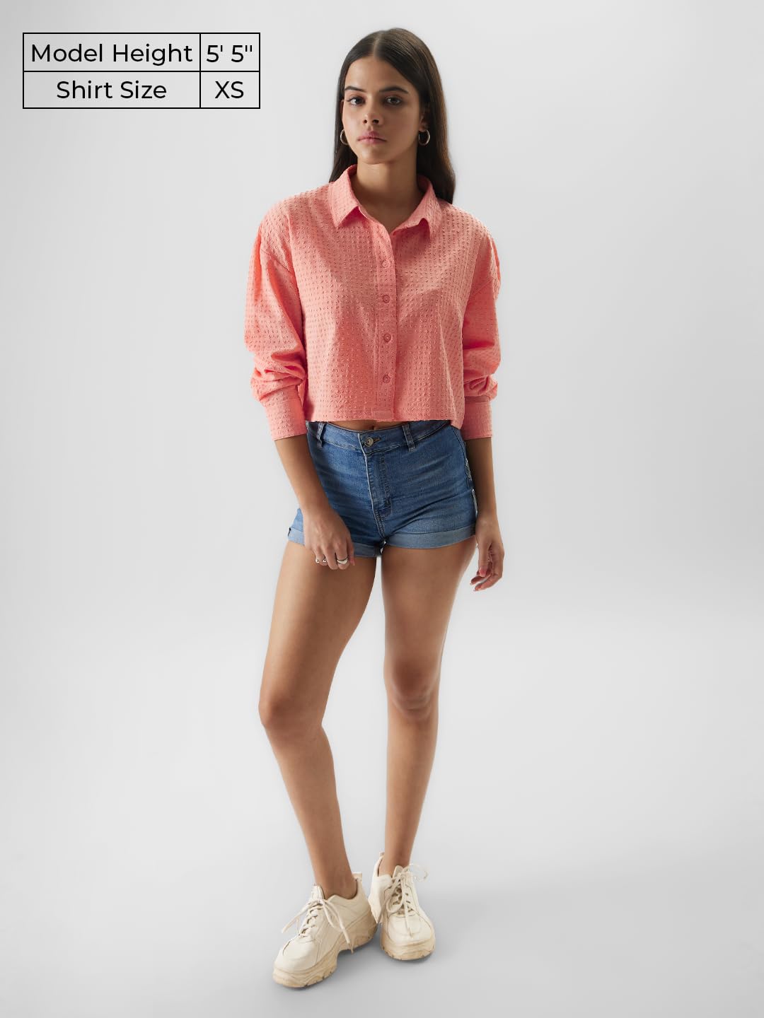 The Souled Store Original Solids: Peach Cotton Cropped Shirts for Women Cropped Shirts Fashionable Trendy Graphic Prints Pop Culture Merchandise Shirts Casual Button-Down Half Sleeve Printed Graphic