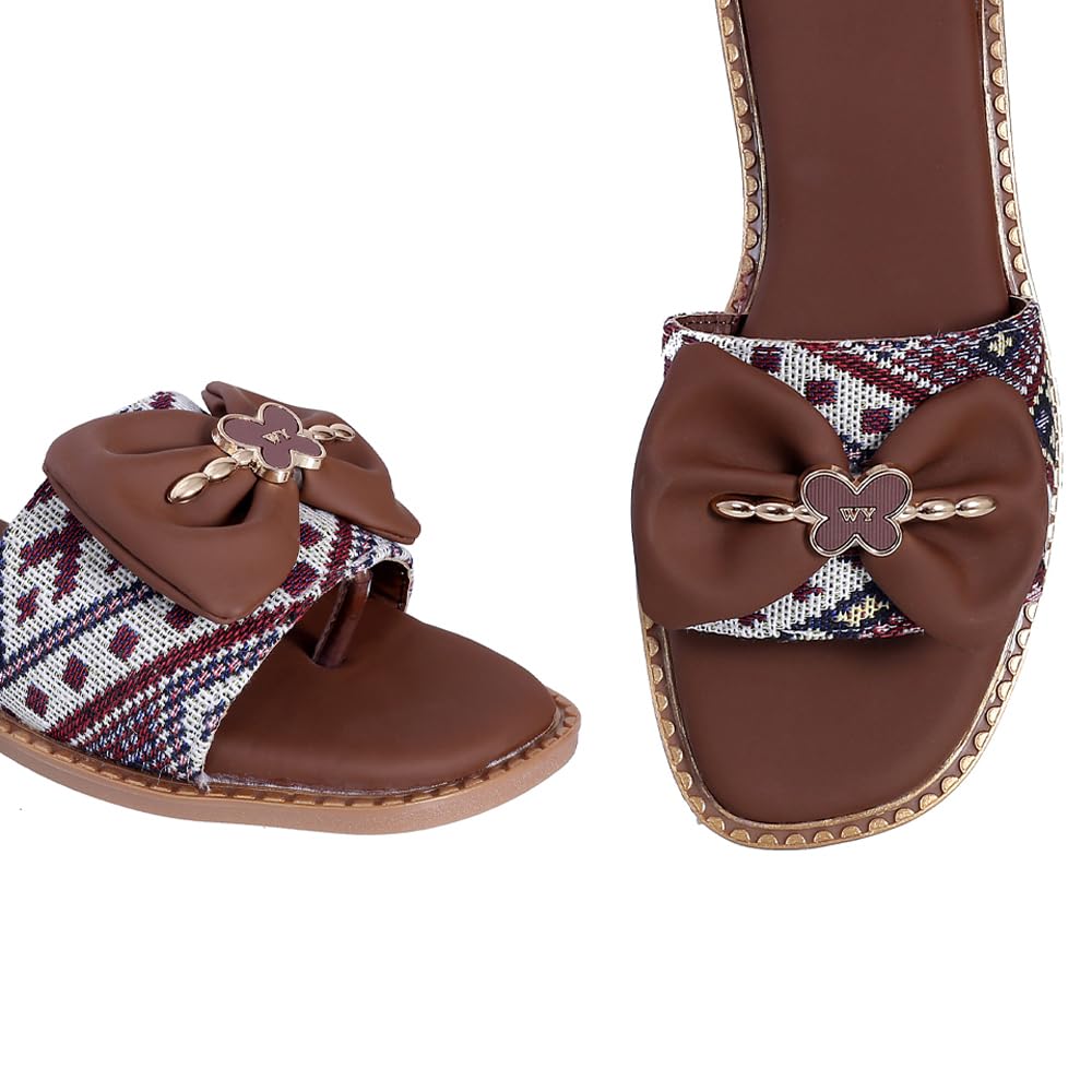 Pluxh Women's Ethnic Woven Crossover Flat Slide Sandals with Satin Bow, Metal Clover Charm & Gold Studded Sole | Casual Slip-On Sandals for Women & Girls|3UK