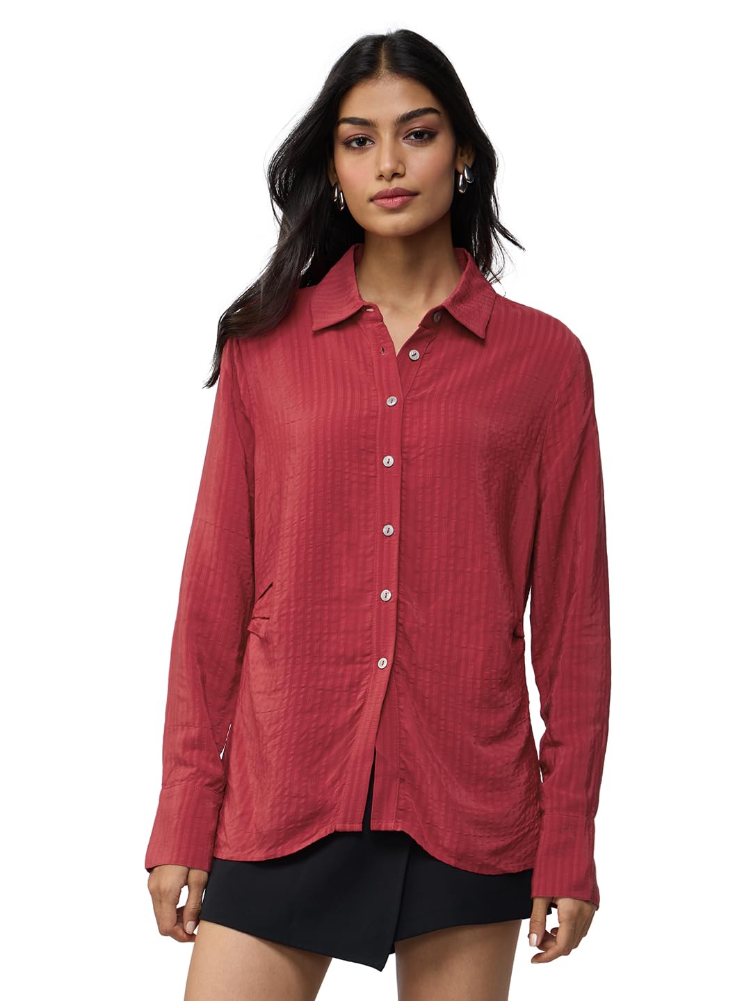 The Souled Store Side Rouching Shirt: Red Women and Girls Long Sleeves Collared Neck Button Front Slim Fit Viscose Shirts